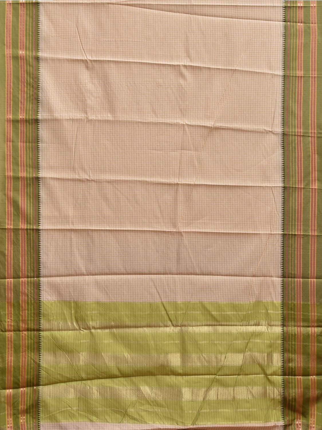 Cream and Green Bamboo Cotton Saree with Checks Design No Blouse bc1005