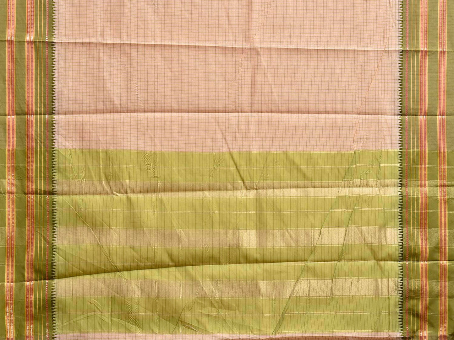 Cream and Green Bamboo Cotton Saree with Checks Design No Blouse bc1005