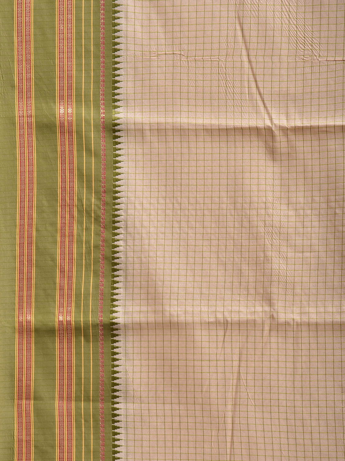 Cream and Green Bamboo Cotton Saree with Checks Design No Blouse bc1005