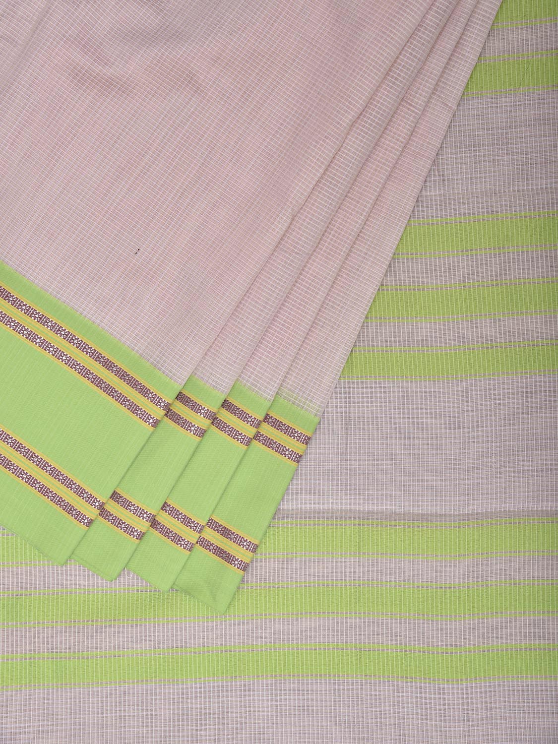 Cream and Neon Green Bamboo Cotton Saree with Small Checks Design No Blouse bc1007