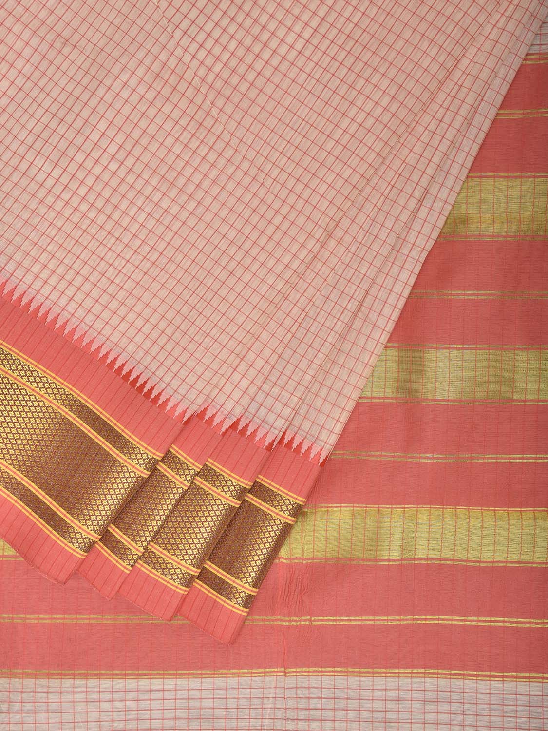 White and Peach Bamboo Cotton Saree with Checks Design No Blouse bc1010