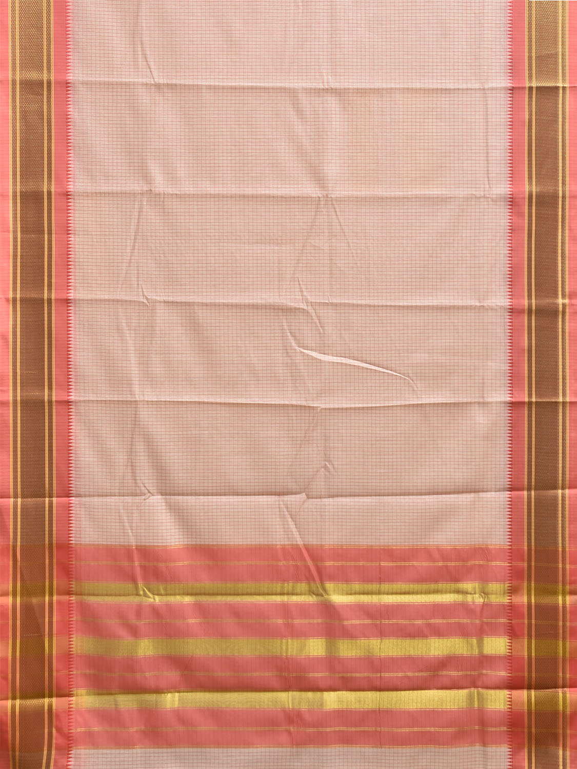 White and Peach Bamboo Cotton Saree with Checks Design No Blouse bc1010