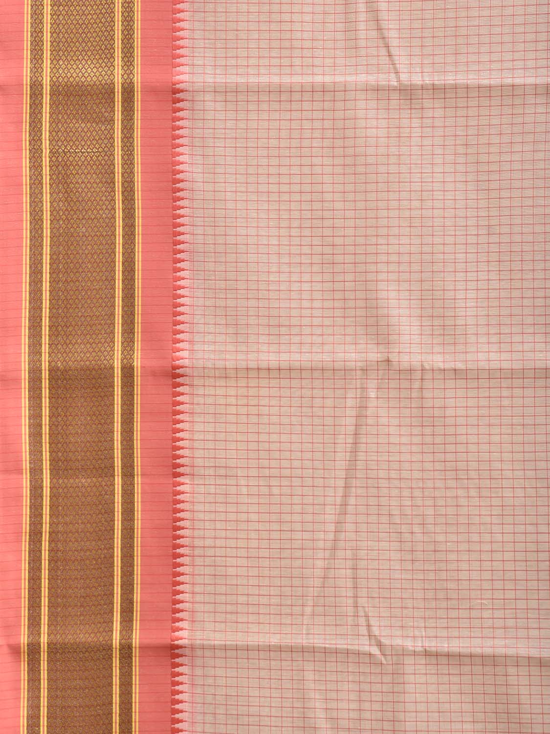 White and Peach Bamboo Cotton Saree with Checks Design No Blouse bc1010