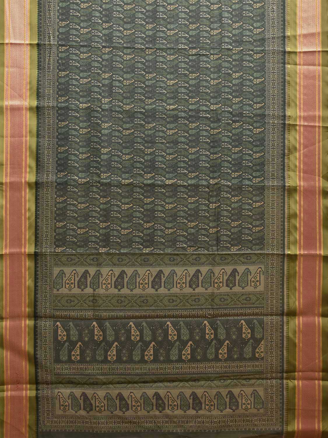 Green and Olive Bamboo Cotton Saree with Digital Print Design bc1011