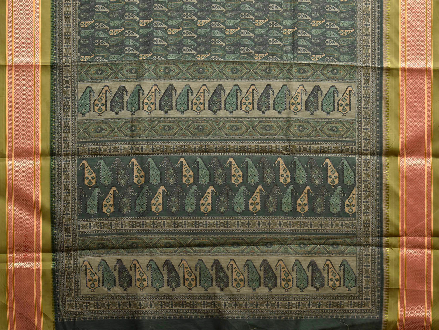 Green and Olive Bamboo Cotton Saree with Digital Print Design bc1011
