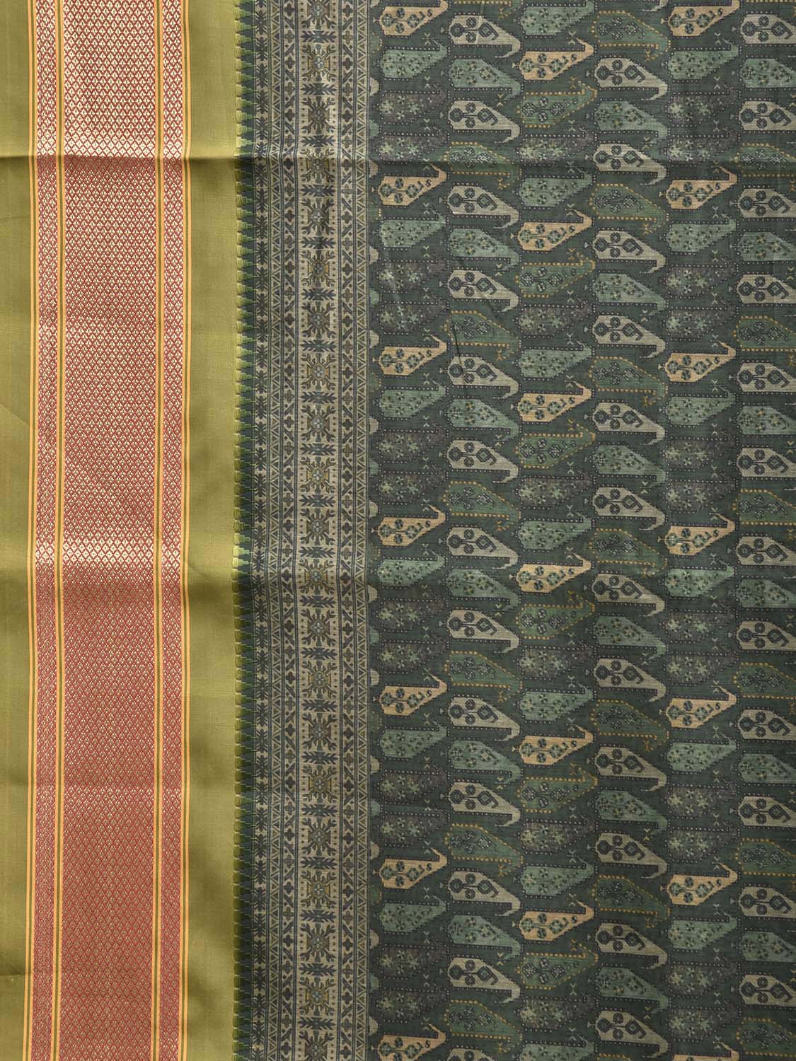 Green and Olive Bamboo Cotton Saree with Digital Print Design bc1011