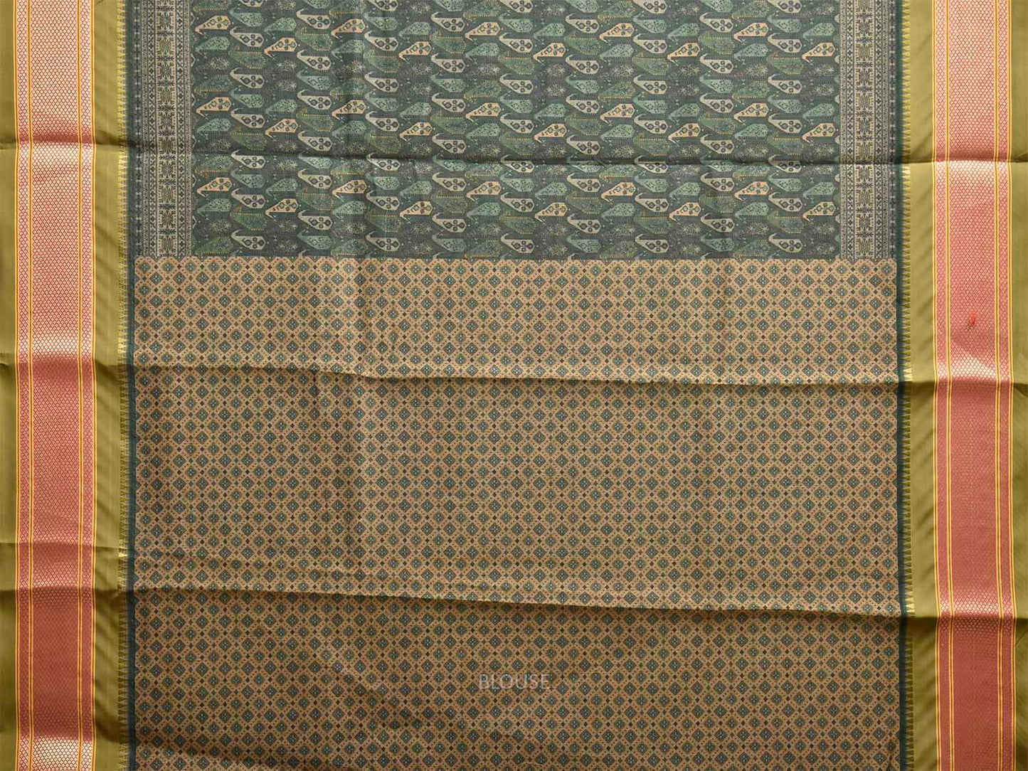 Green and Olive Bamboo Cotton Saree with Digital Print Design bc1011