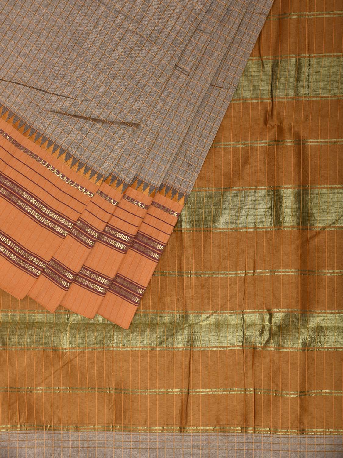 Grey and Mustard Bamboo Cotton Viscose Silk Saree with Checks Design No Blouse bc1012