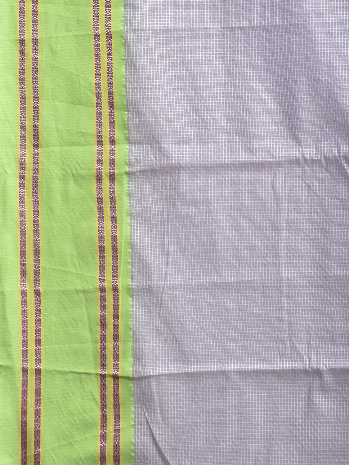 Light Grey and Neon Green Bamboo Cotton Saree with Small Checks Design No Blouse bc1013