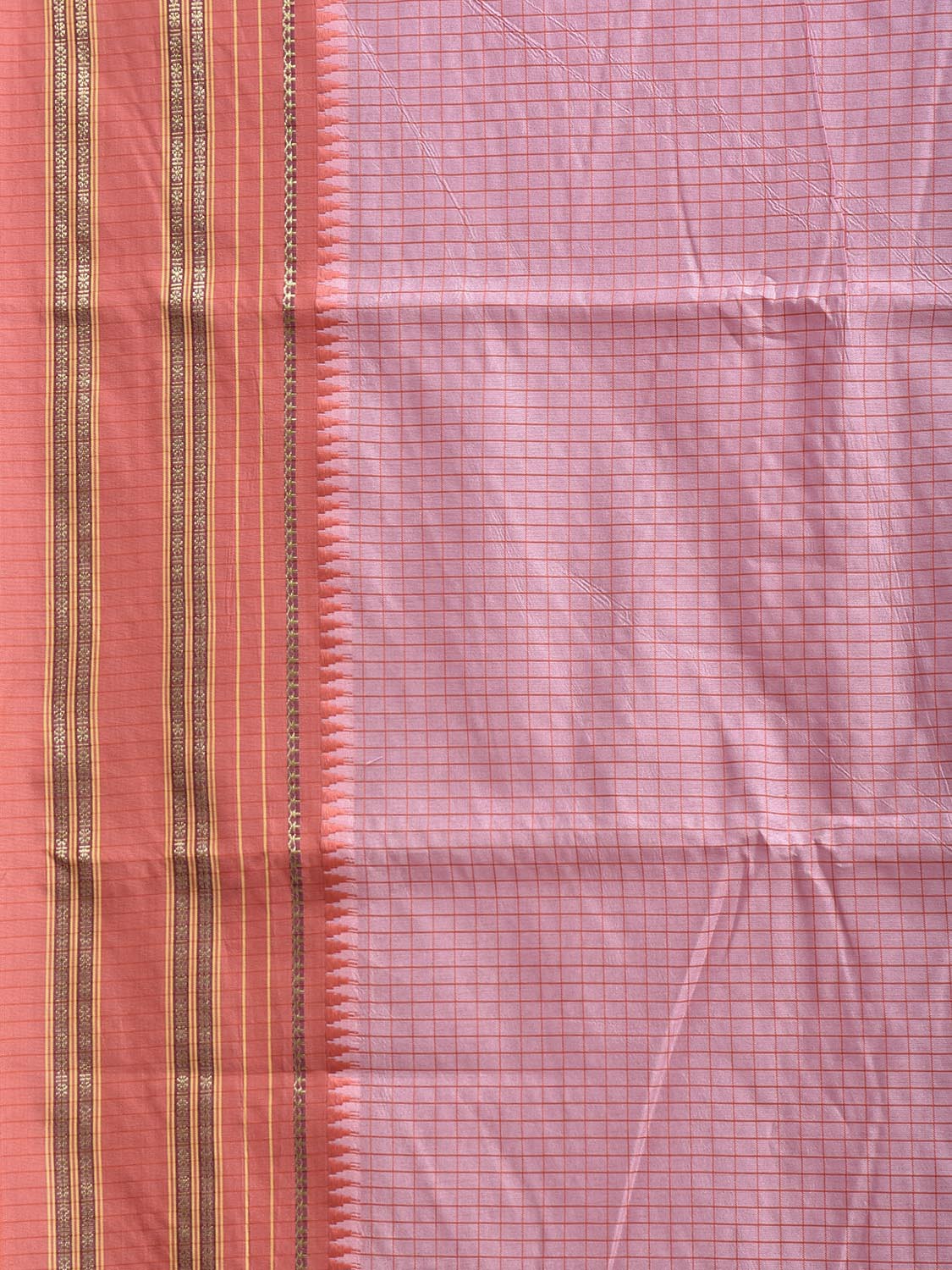 Baby Pink and Peach Bamboo Cotton Viscose Silk Saree with Checks Design No Blouse bc1015