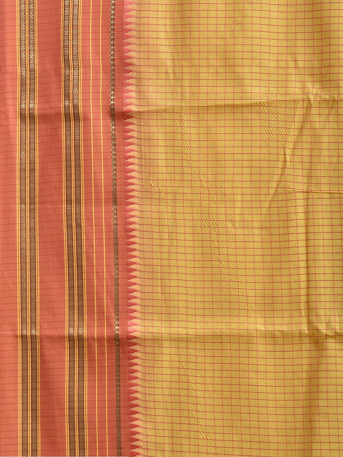 Yellow and Peach Bamboo Cotton Viscose Silk Saree with Checks Design No Blouse bc1021