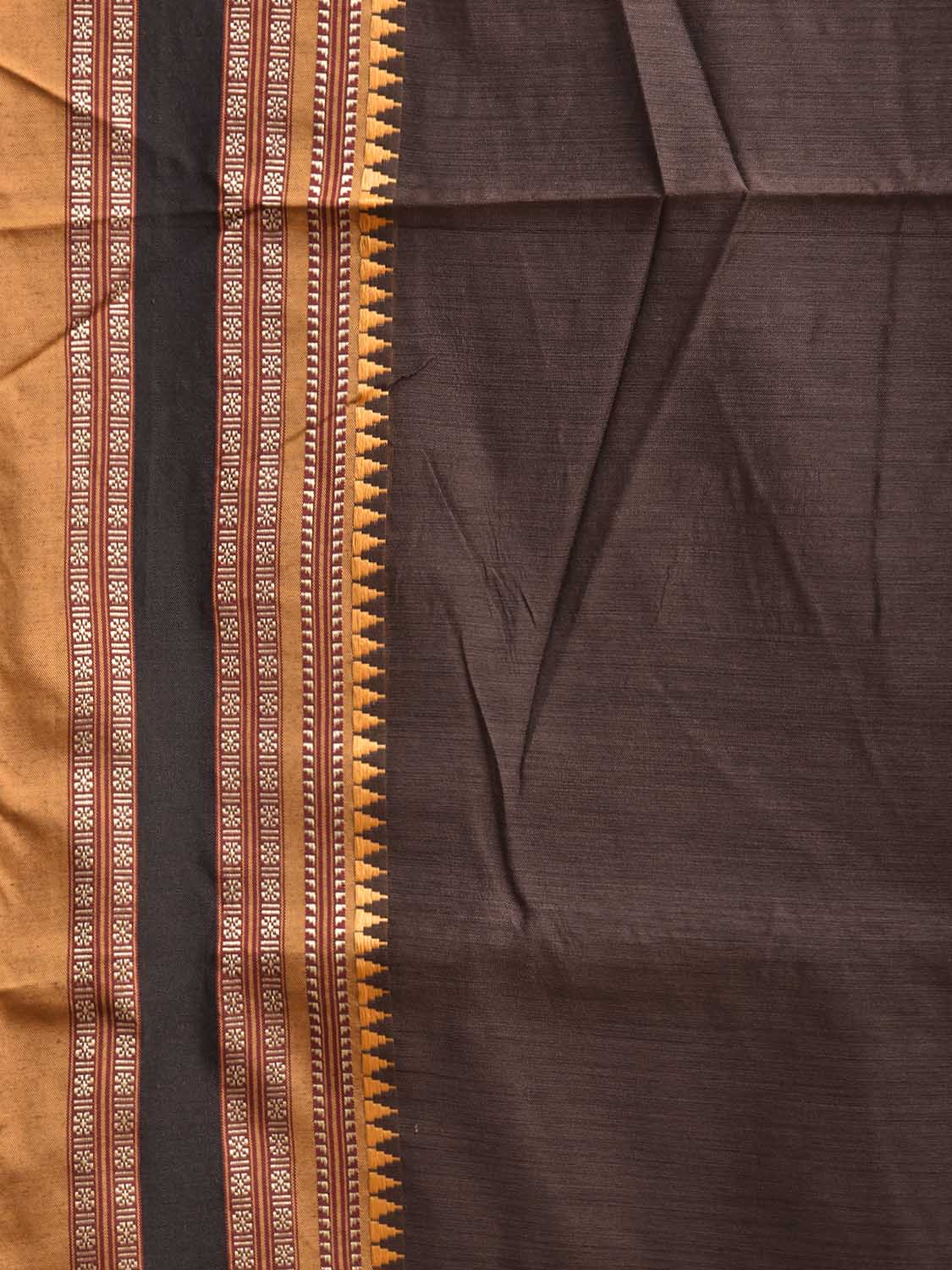 Dark Brown and Mustard Bamboo Cotton Plain Saree with Strips Pallu Design No Blouse bc1023