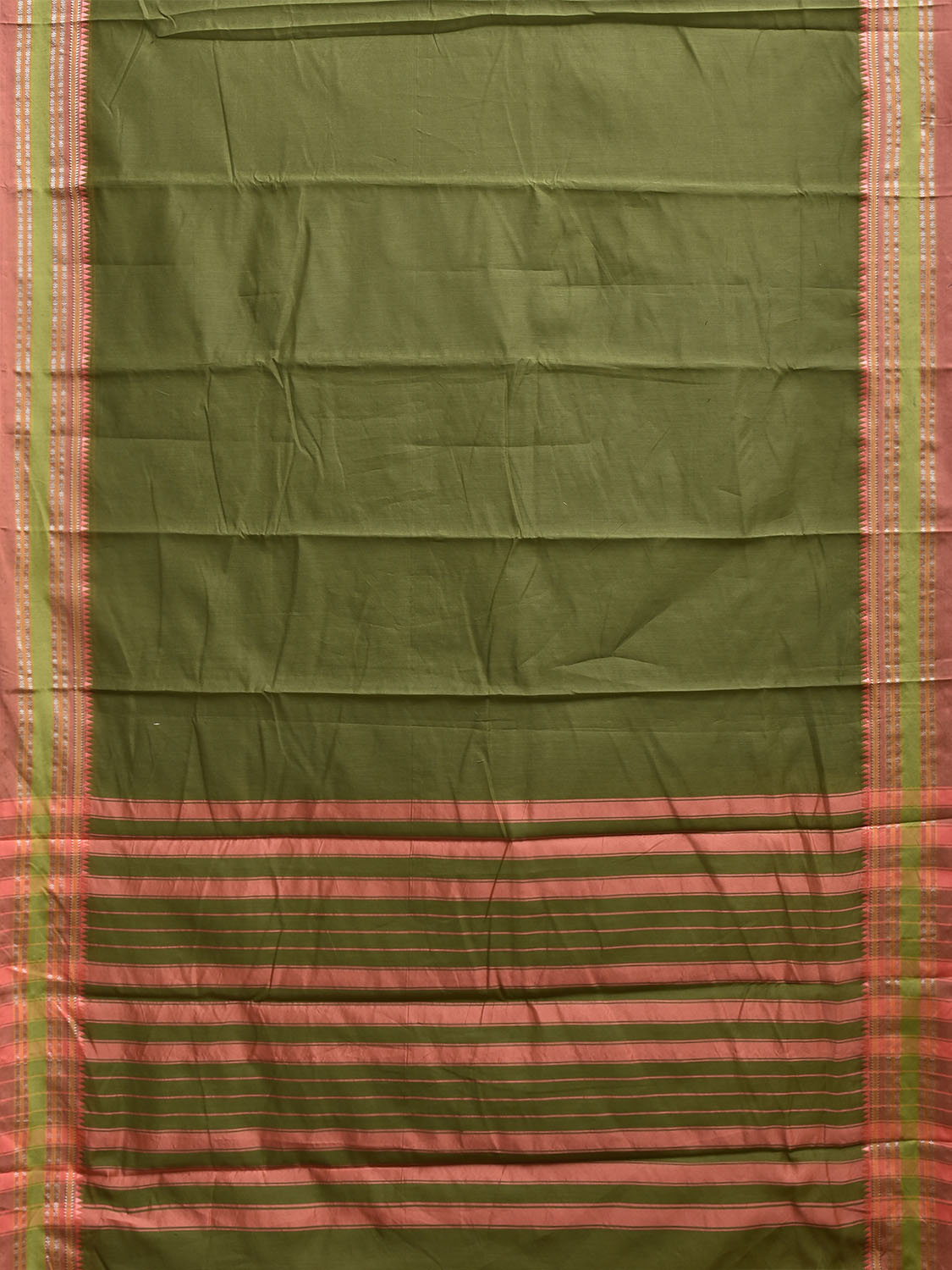 Green and Peach Bamboo Cotton Plain Saree with Strips Pallu Design No Blouse bc1028