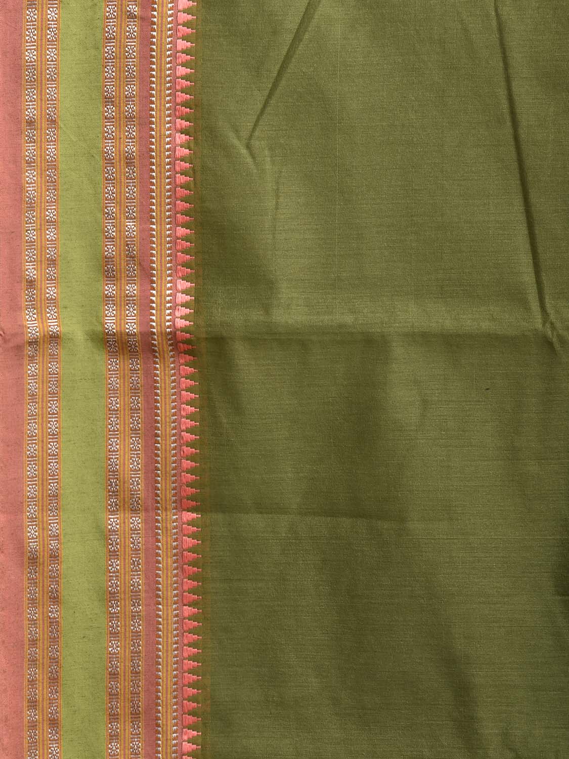 Green and Peach Bamboo Cotton Plain Saree with Strips Pallu Design No Blouse bc1028