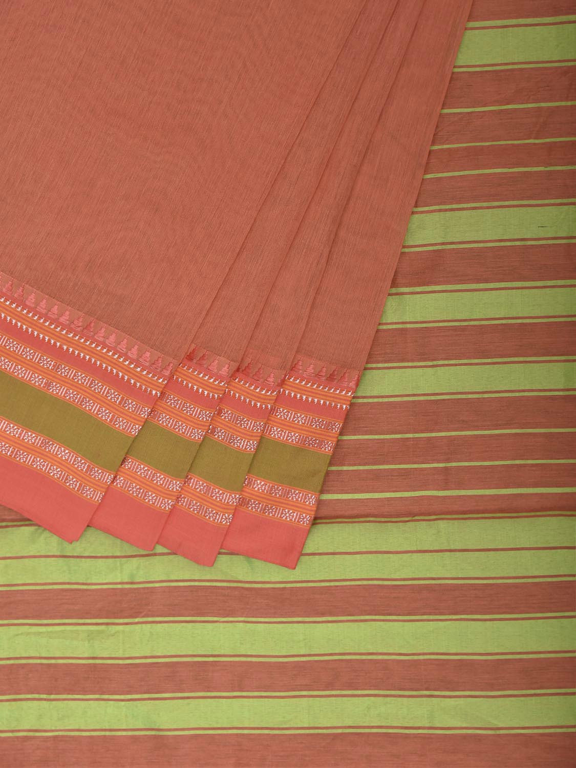 Peach and Green Bamboo Cotton Plain Saree with Strips Pallu Design No Blouse bc1032