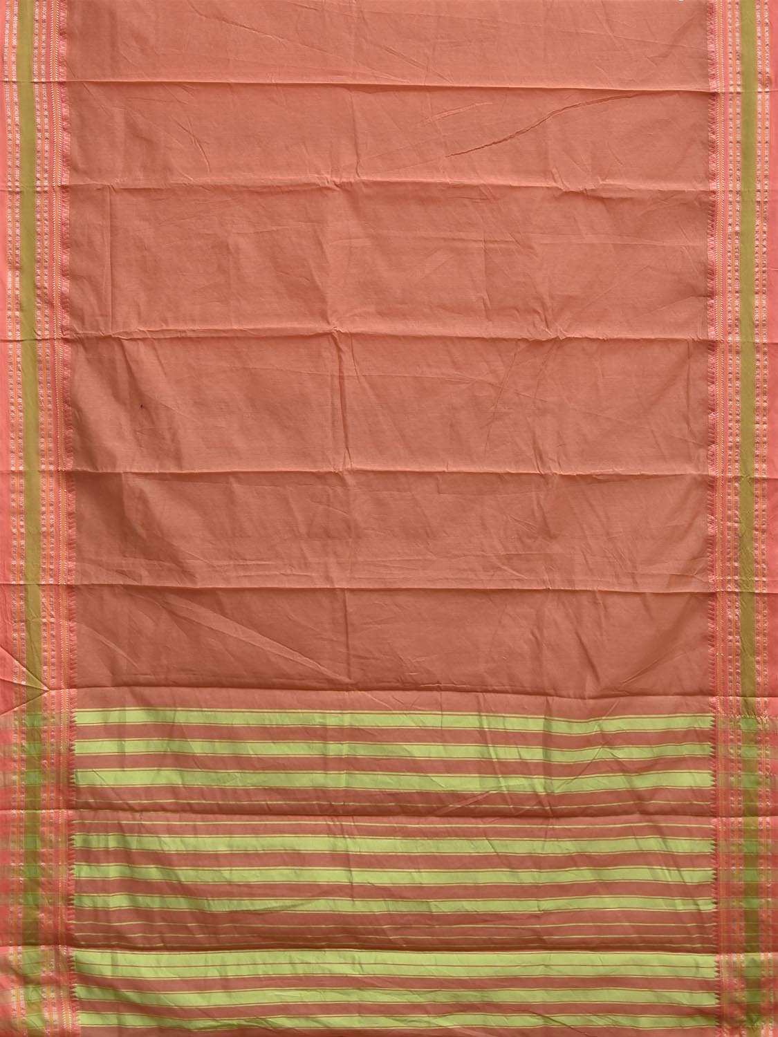 Peach and Green Bamboo Cotton Plain Saree with Strips Pallu Design No Blouse bc1032