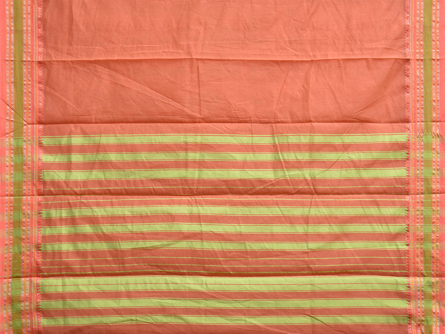Peach and Green Bamboo Cotton Plain Saree with Strips Pallu Design No Blouse bc1032