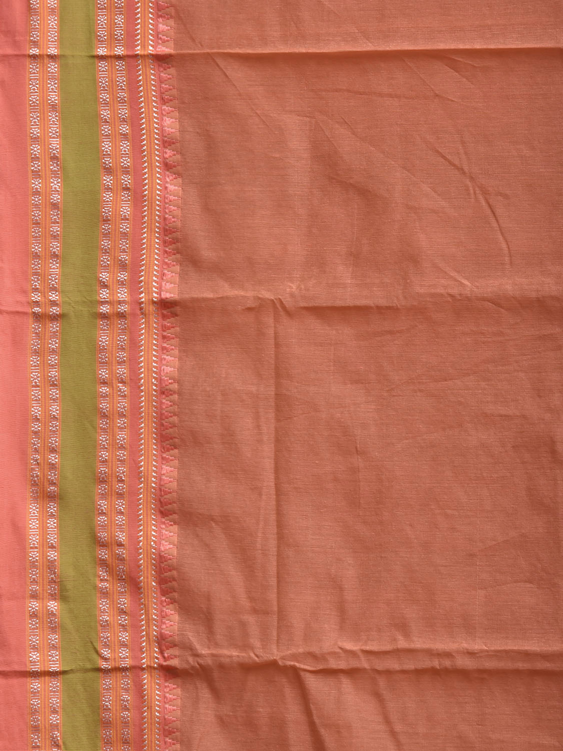 Peach and Green Bamboo Cotton Plain Saree with Strips Pallu Design No Blouse bc1032