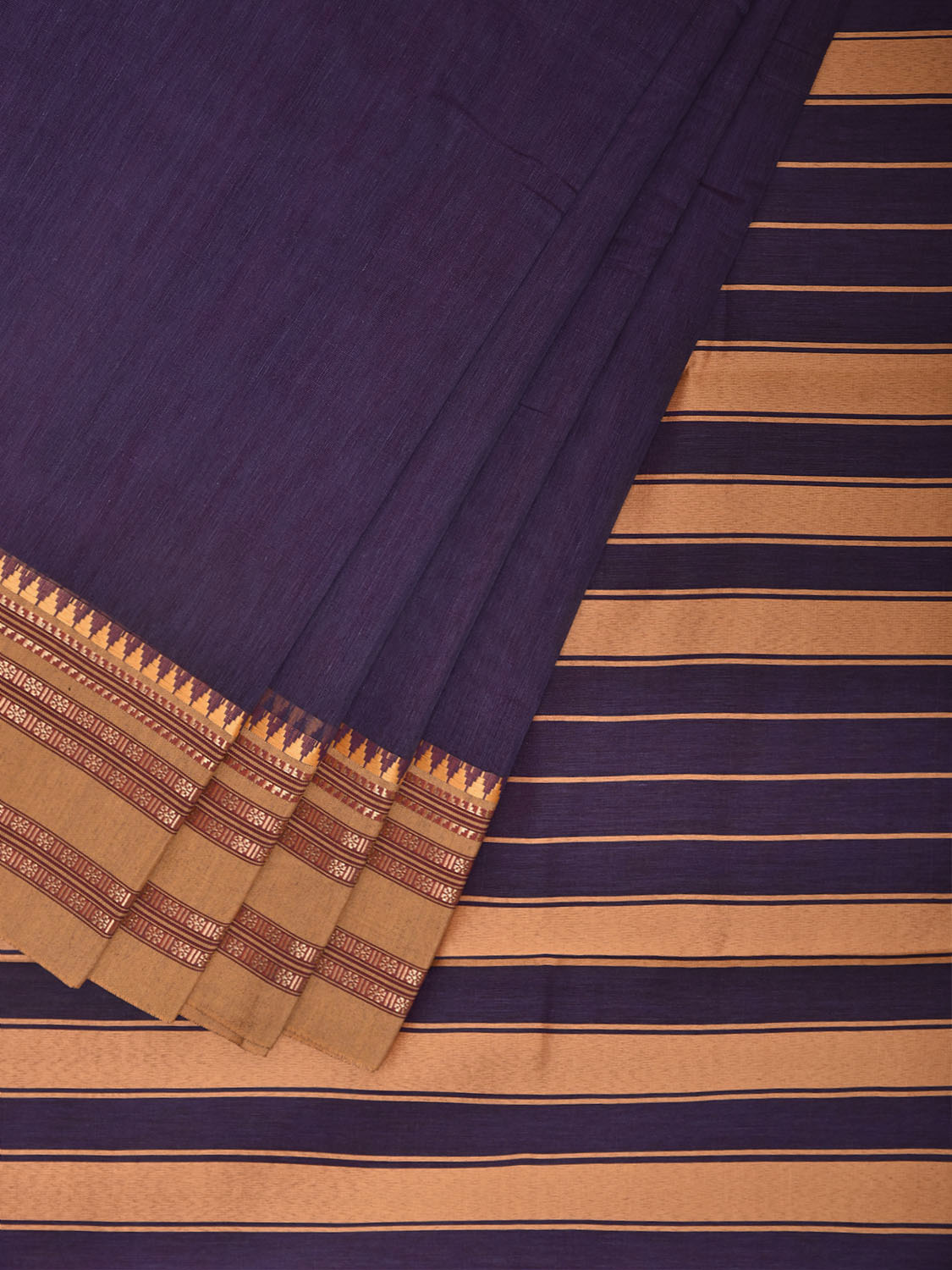 Indigo and Mustard Bamboo Cotton Plain Saree with Strips Pallu Design No Blouse bc1033