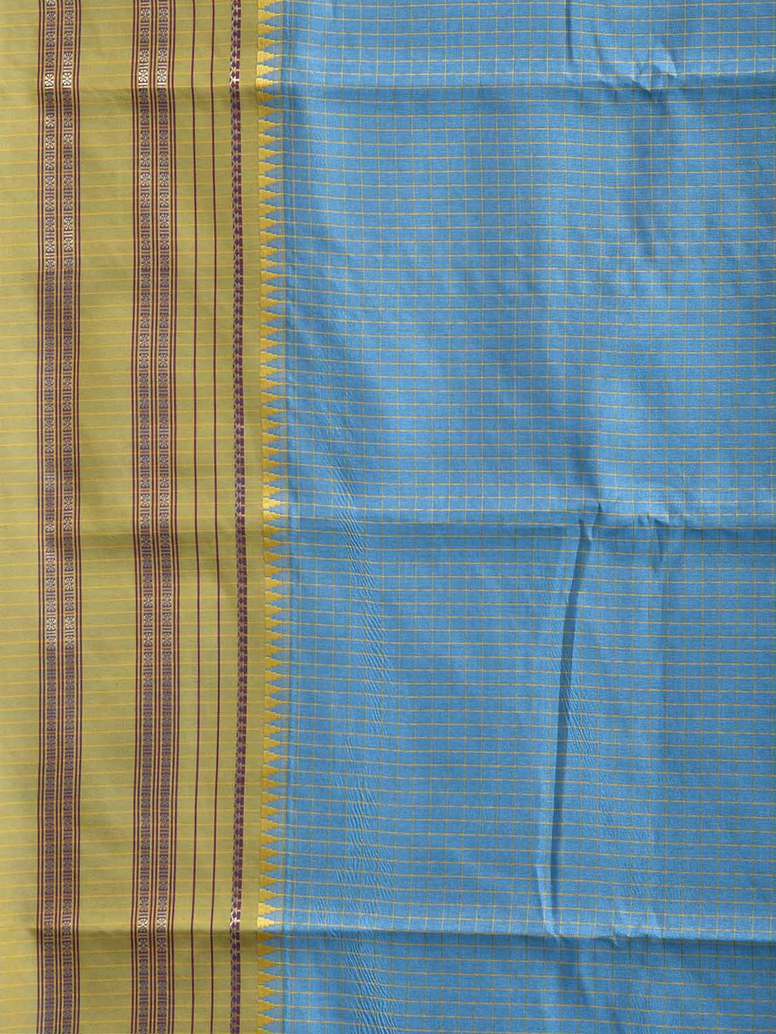 Blue and Green Bamboo Cotton Viscose Silk Saree with Checks Design No Blouse bc1036