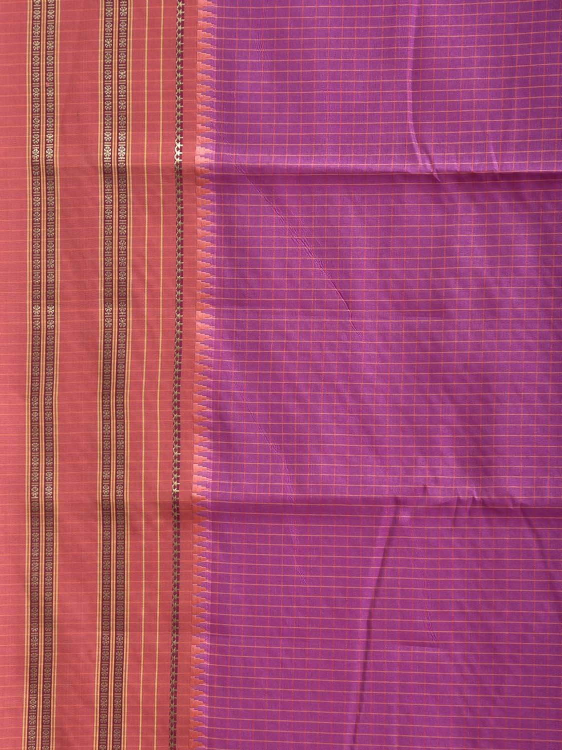 Magenta and Peach Bamboo Cotton Viscose Silk Saree with Checks Design No Blouse bc1039