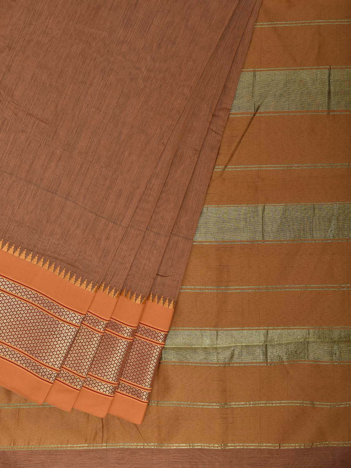 Fawn and Mustard Bamboo Cotton Plain Saree with Contrast Pallu Design No Blouse bc1041