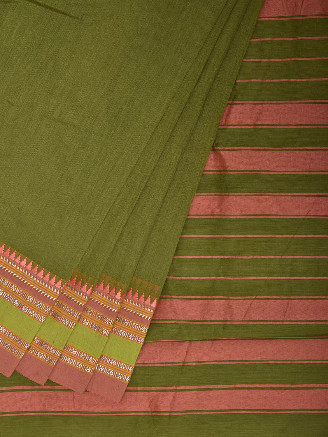 Green and Peach Bamboo Cotton Plain Saree with Strips Pallu Desing No Blouse bc1048