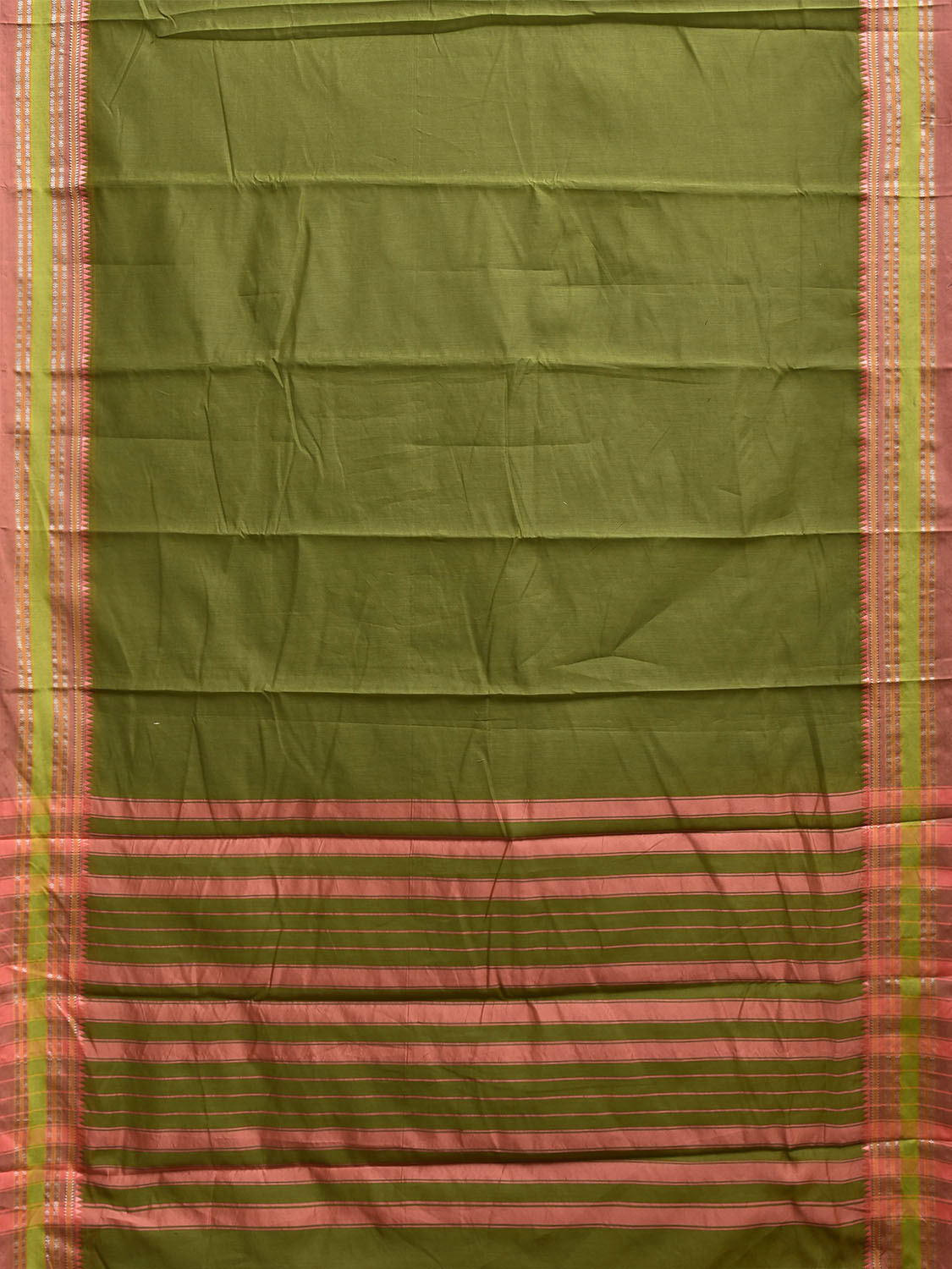 Green and Peach Bamboo Cotton Plain Saree with Strips Pallu Desing No Blouse bc1048