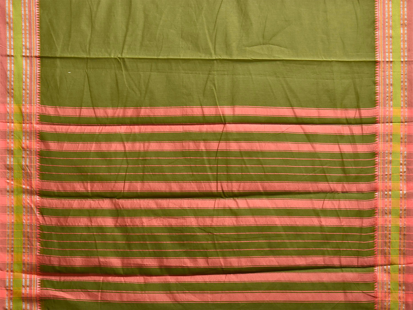 Green and Peach Bamboo Cotton Plain Saree with Strips Pallu Desing No Blouse bc1048