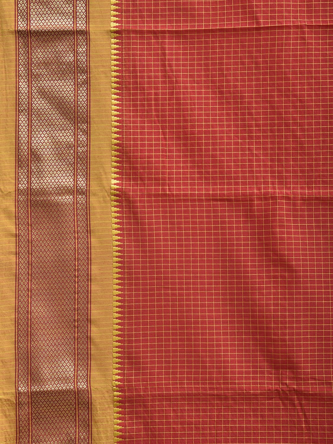 Red and Mustard Bamboo Cotton Saree with Checks Design No Blouse bc1049