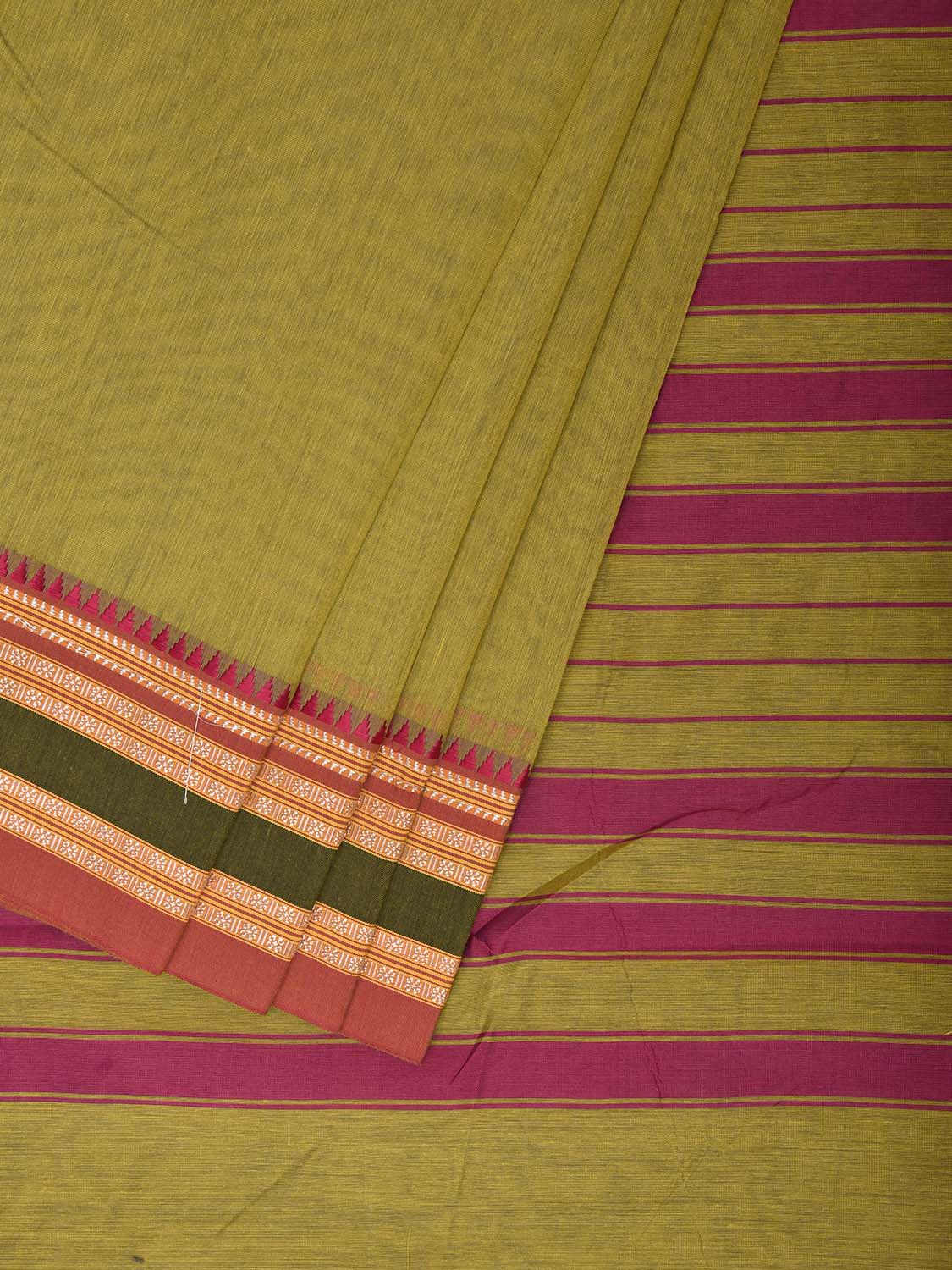 Light Green and Pink Bamboo Cotton Plain Saree with Strips Pallu Design No Blouse bc1050