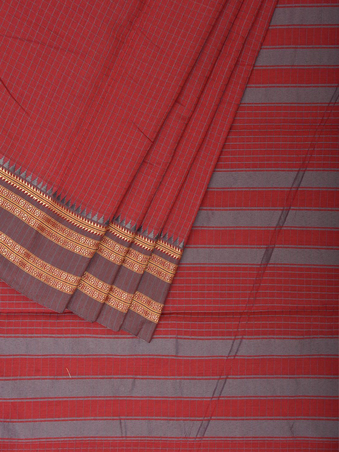 Red and Grey Bamboo Cotton Saree with Checks Design No Blouse bc1051