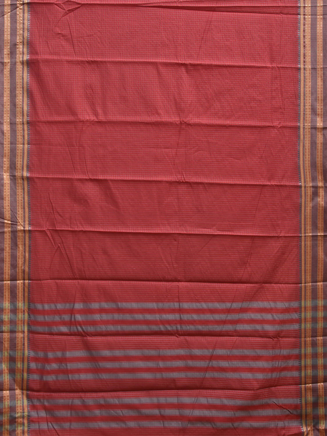 Red and Grey Bamboo Cotton Saree with Checks Design No Blouse bc1051