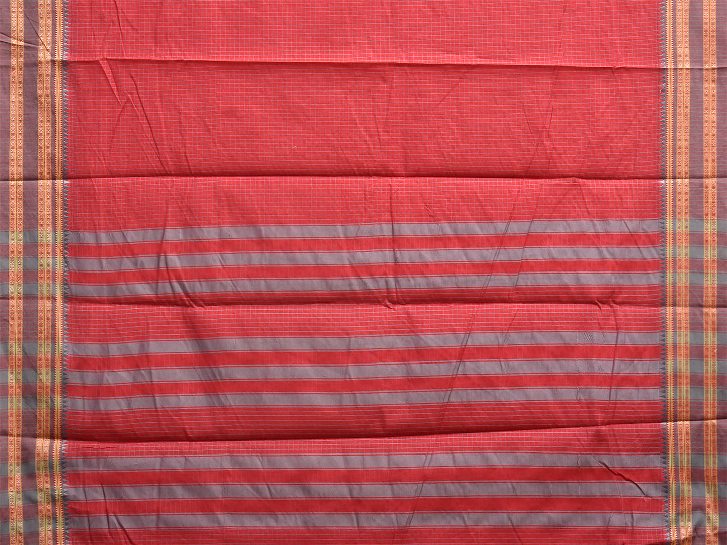 Red and Grey Bamboo Cotton Saree with Checks Design No Blouse bc1051