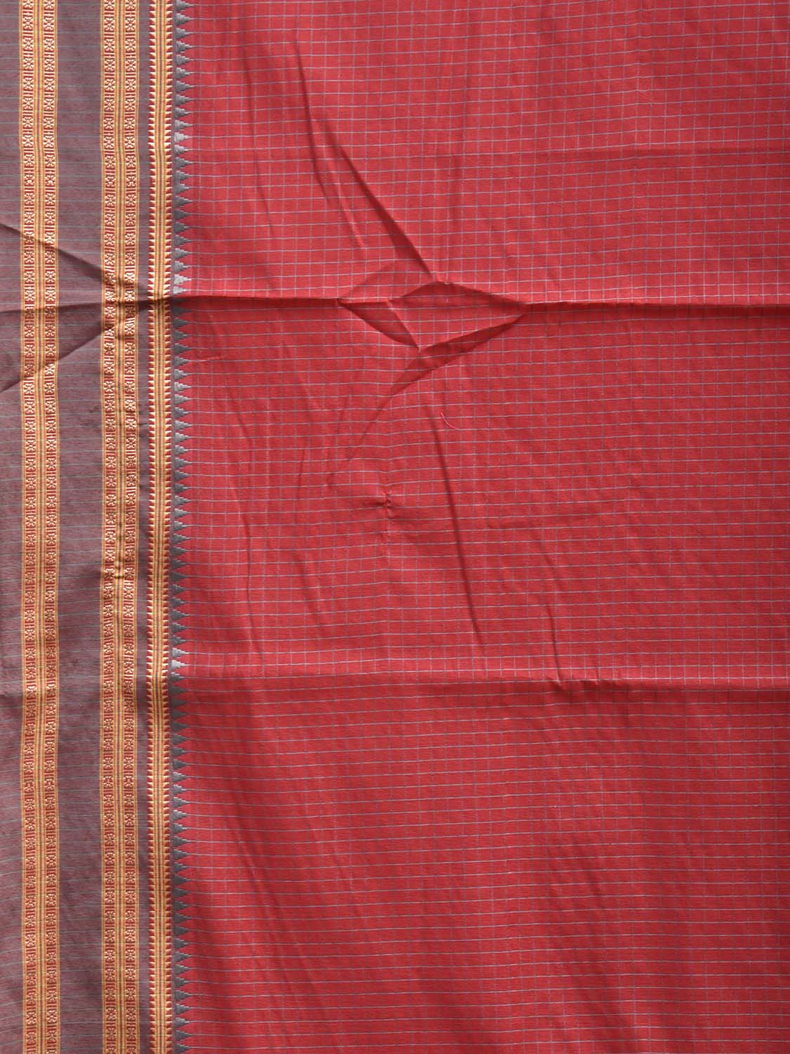Red and Grey Bamboo Cotton Saree with Checks Design No Blouse bc1051
