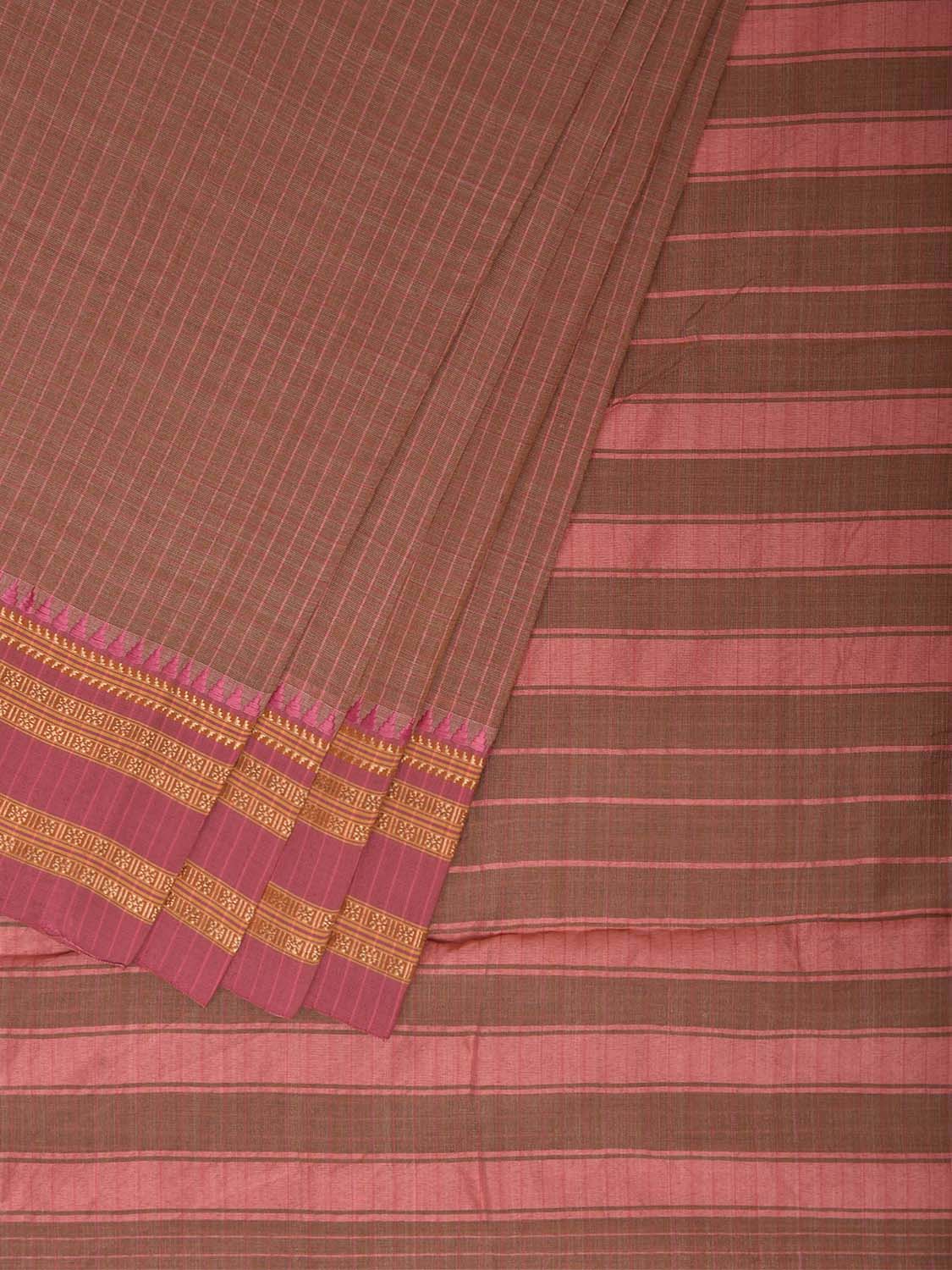 Fawn and Pink Bamboo Cotton Saree with Checks Design No Blouse bc1052