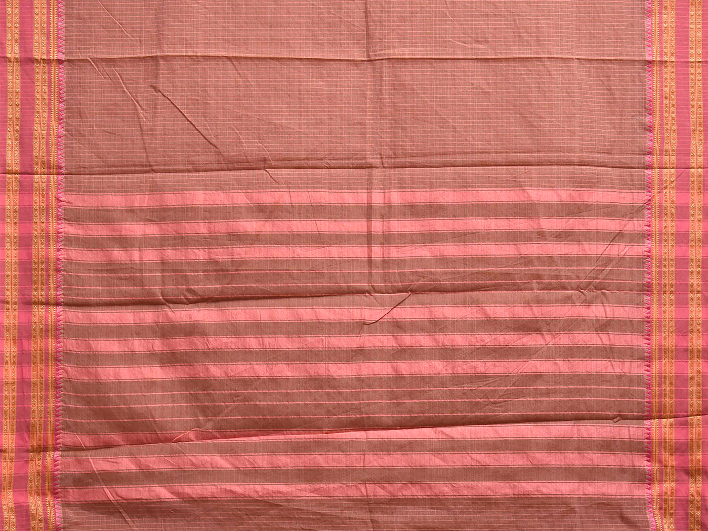 Fawn and Pink Bamboo Cotton Saree with Checks Design No Blouse bc1052