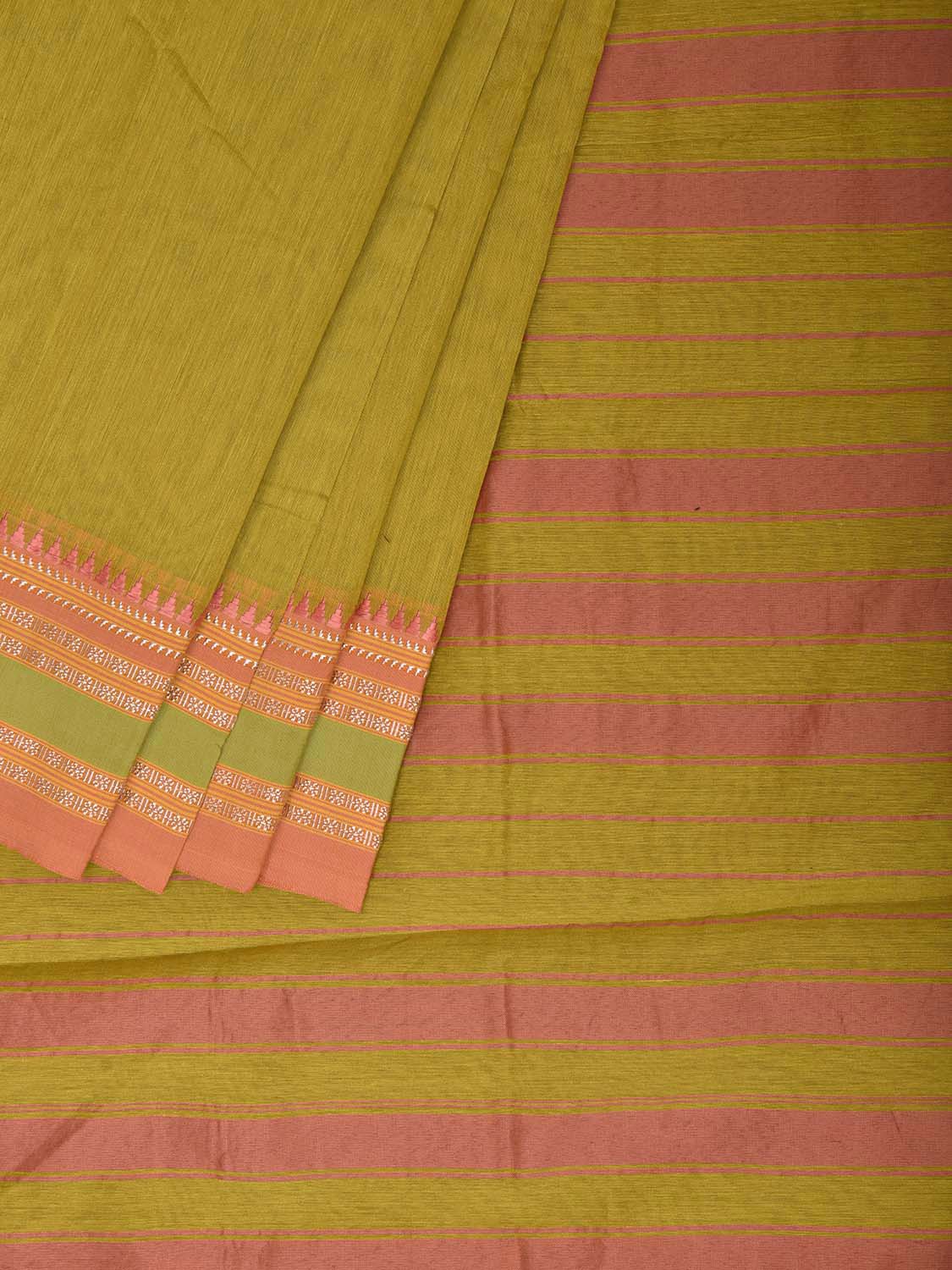 Olive and Peach Bamboo Cotton Saree with Checks Design No Blouse bc1055
