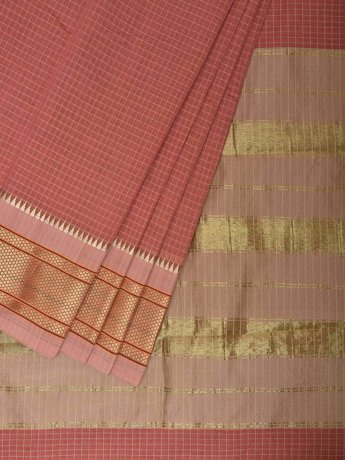 Light Burgundy and Peach Bamboo Cotton Saree with Checks Design No Blouse bc1056