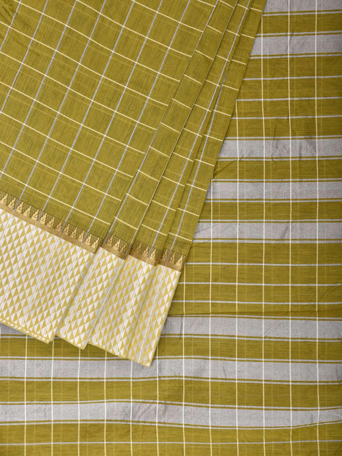 Olive and White Bamboo Cotton Saree with Big Checks Design No Blouse bc1057