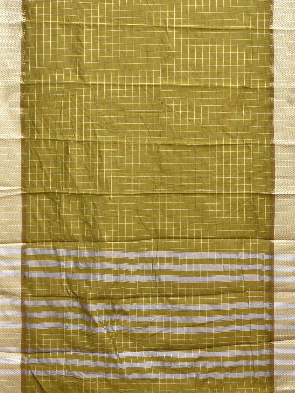 Olive and White Bamboo Cotton Saree with Big Checks Design No Blouse bc1057