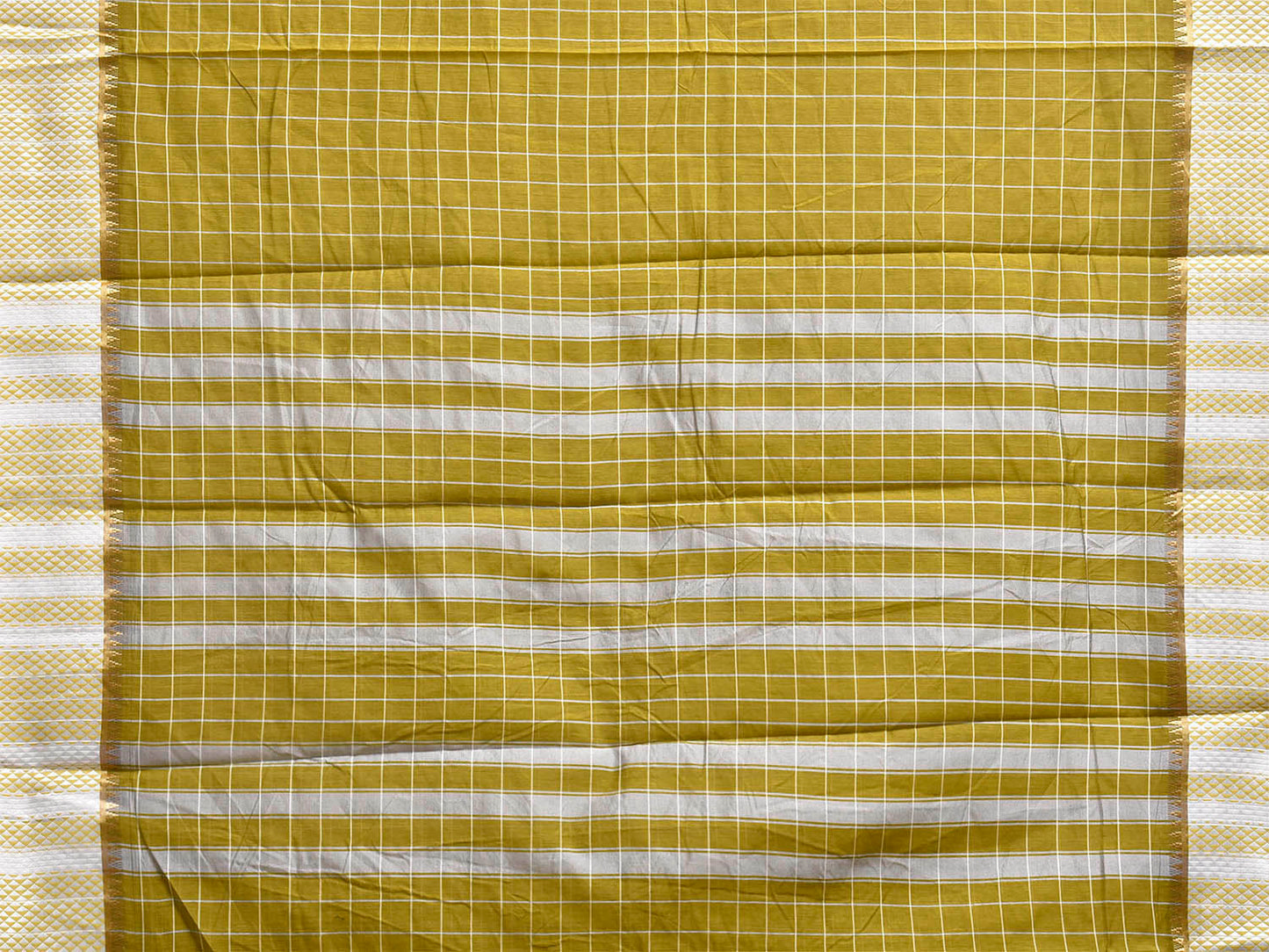Olive and White Bamboo Cotton Saree with Big Checks Design No Blouse bc1057