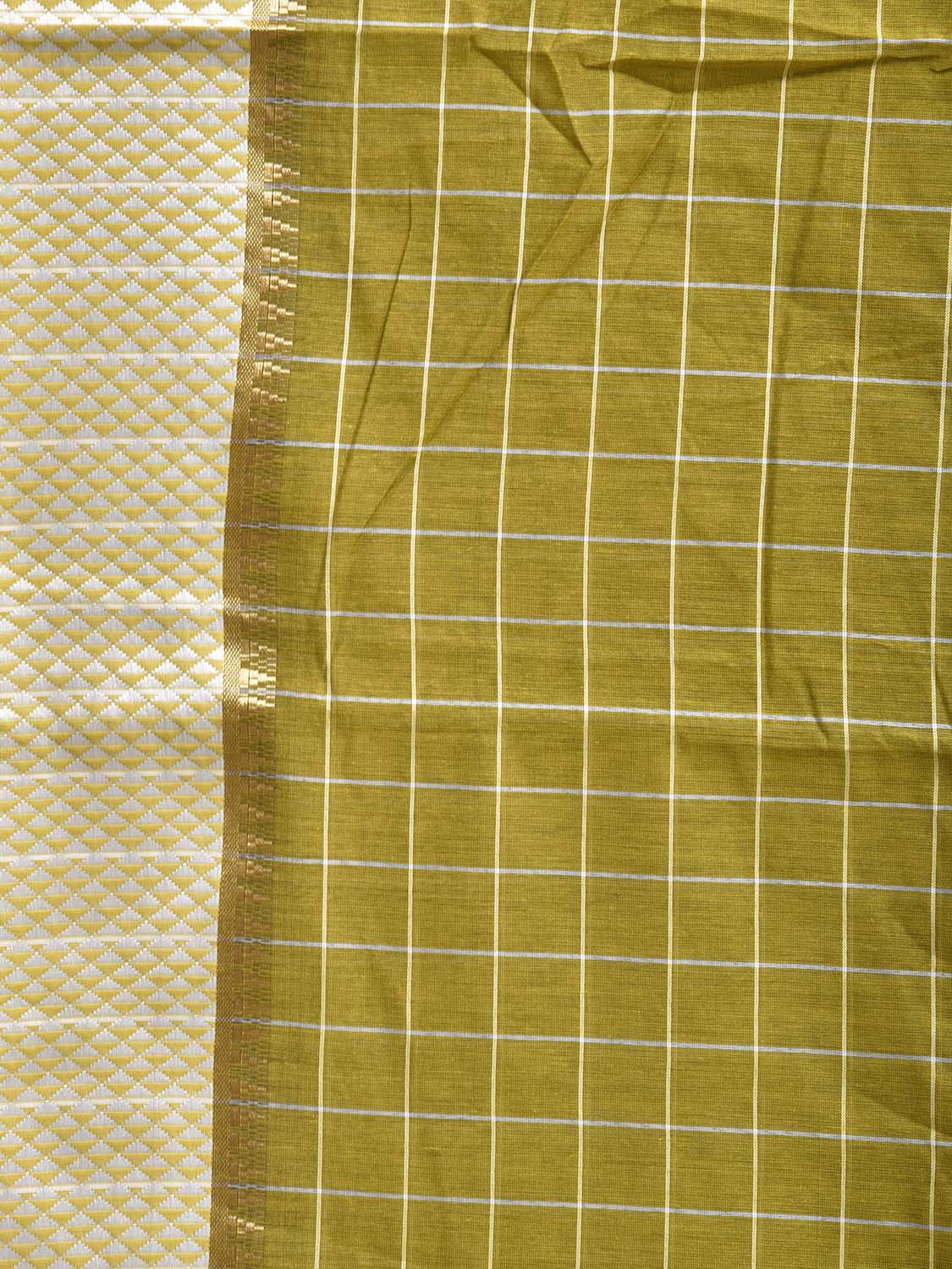 Olive and White Bamboo Cotton Saree with Big Checks Design No Blouse bc1057