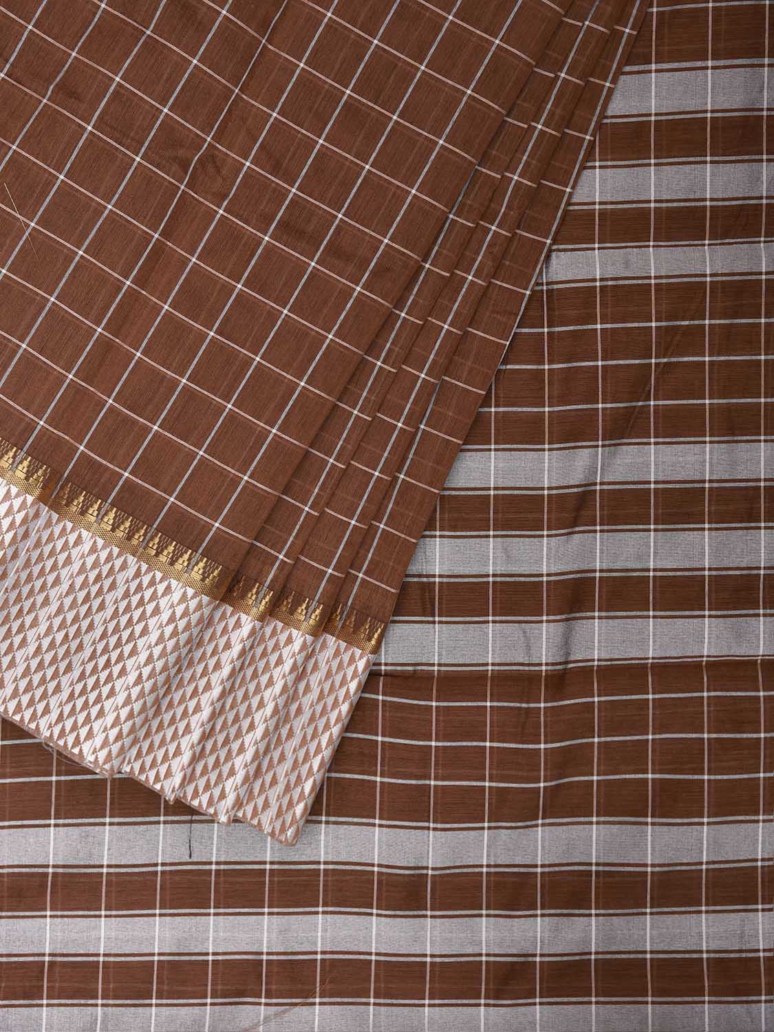 Light Brown and White Bamboo Cotton Saree with Big Checks Design No Blouse bc1060