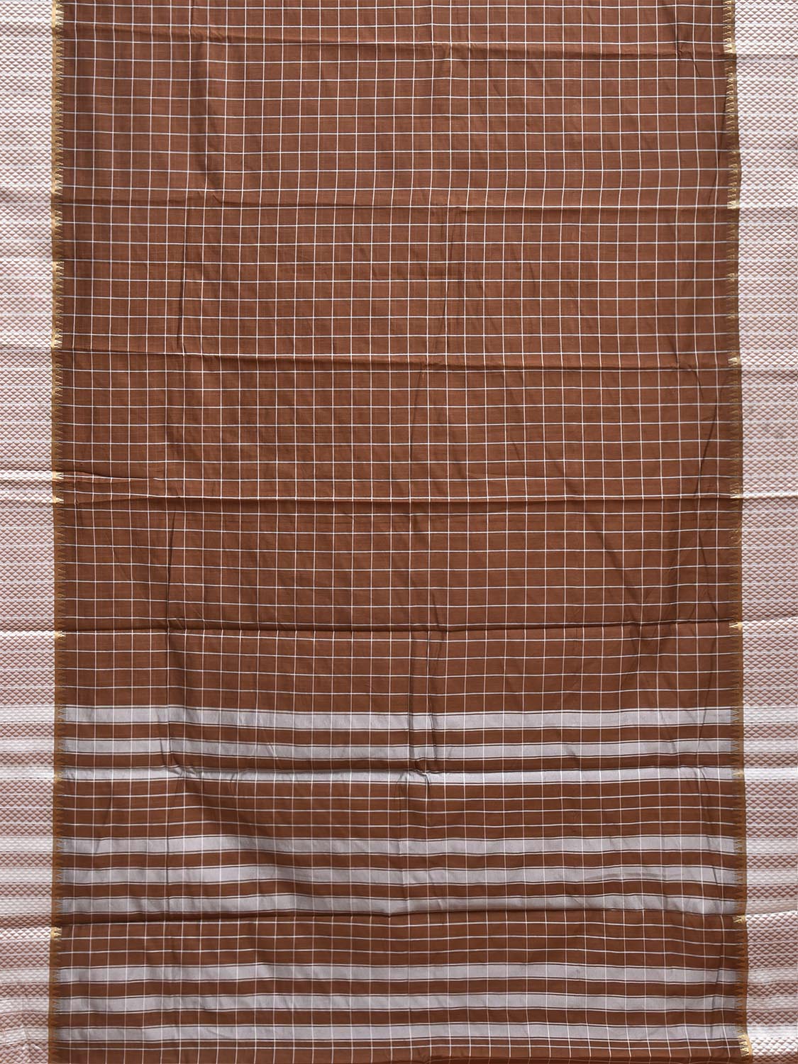 Light Brown and White Bamboo Cotton Saree with Big Checks Design No Blouse bc1060