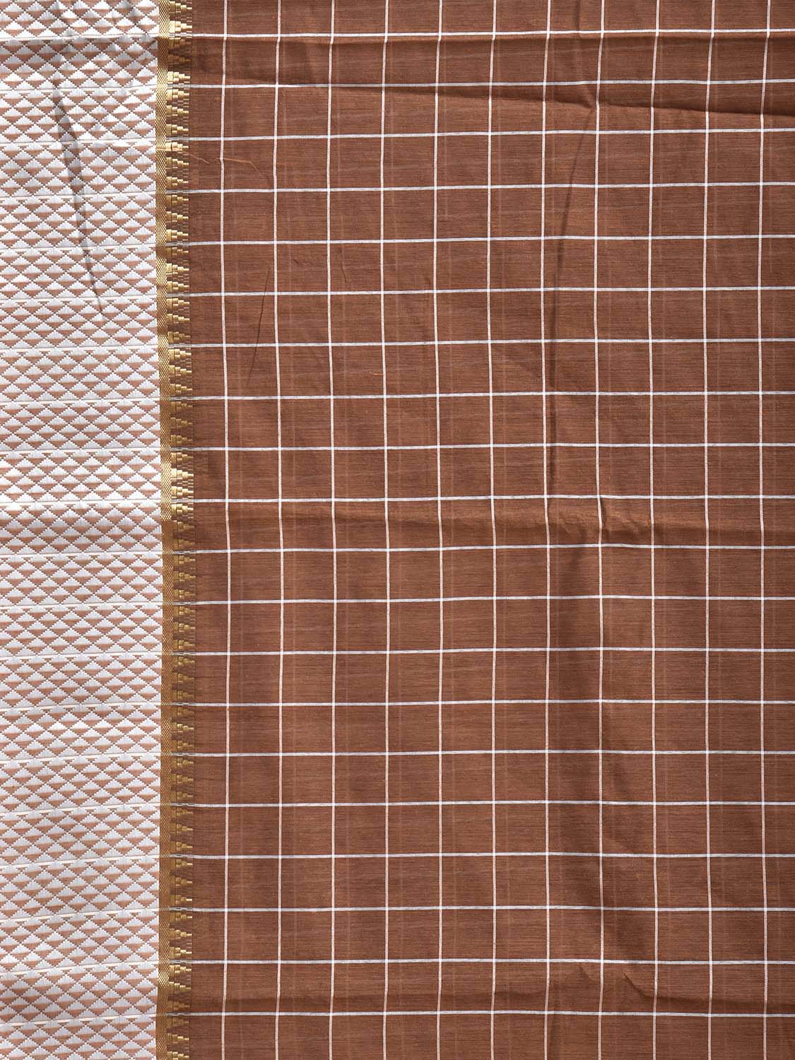 Light Brown and White Bamboo Cotton Saree with Big Checks Design No Blouse bc1060