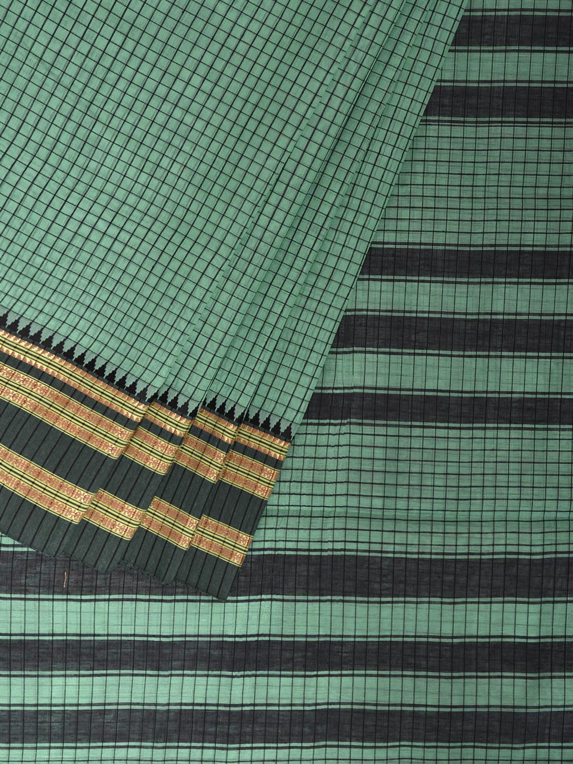 Turquoise and Black Bamboo Cotton Saree with Checks Design No Blouse bc1063