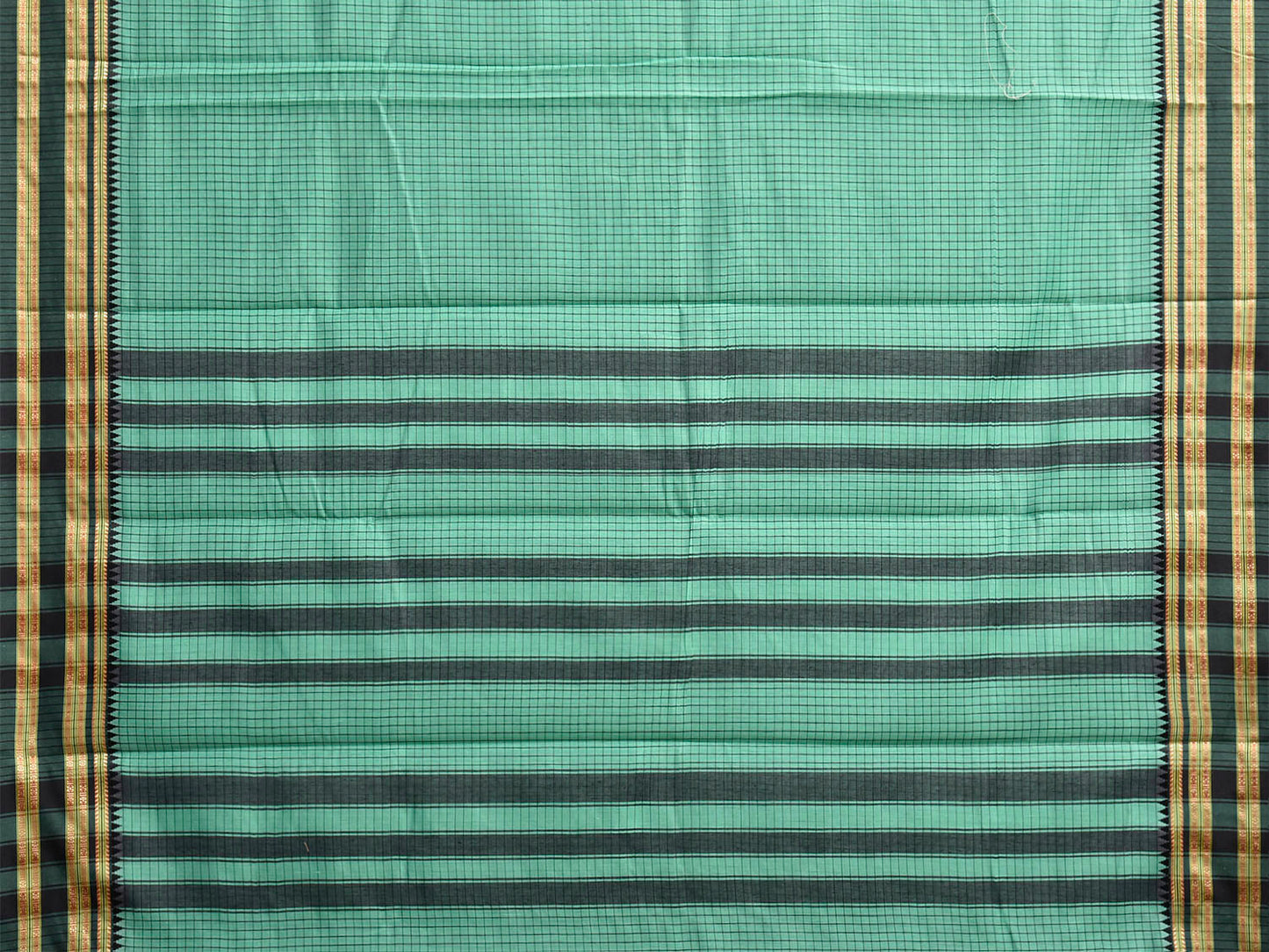 Turquoise and Black Bamboo Cotton Saree with Checks Design No Blouse bc1063