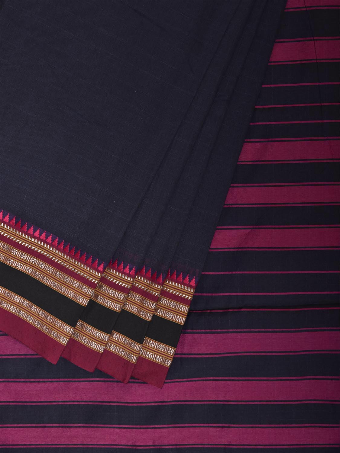 Navy and Pink Bamboo Cotton Plain Saree with Strips Pallu Design No Blouse bc1064