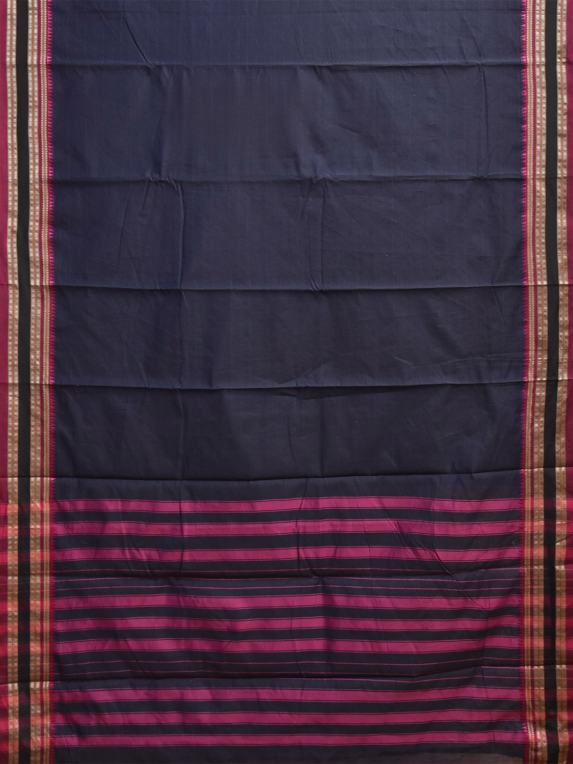 Navy and Pink Bamboo Cotton Plain Saree with Strips Pallu Design No Blouse bc1064